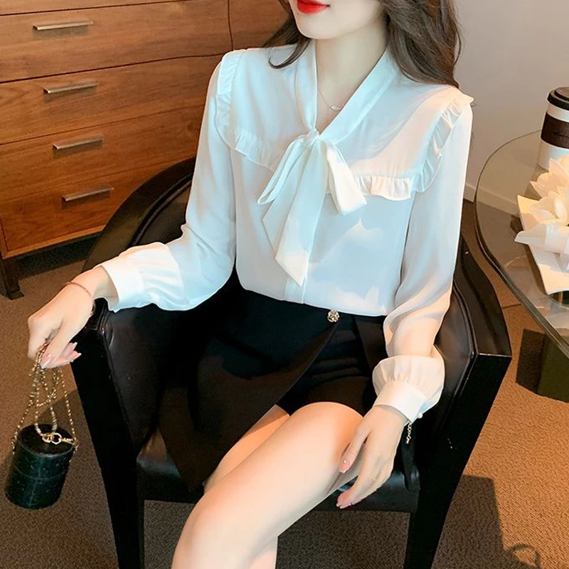 Women French Style Ruffled Lace Up Bow Chic Shirts Spring Autumn Trendy Long Sleeve Elegant Blouses White Sweet Fairy Tops Blusa