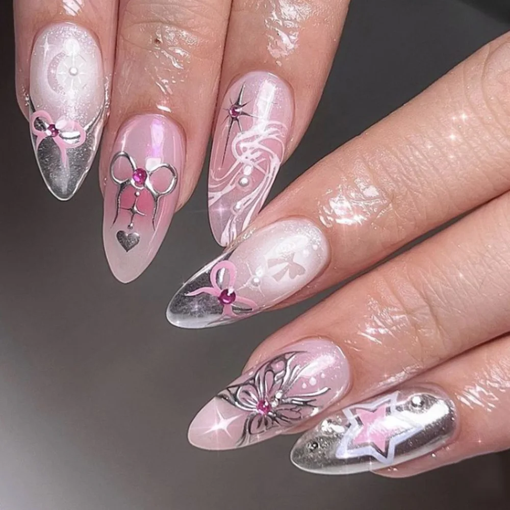 

24Pcs Mid-length Almond Fake Nails Silver French Butterfly Full Cover Nails Tips Bow Rhinestone Detachable Press on False Nails