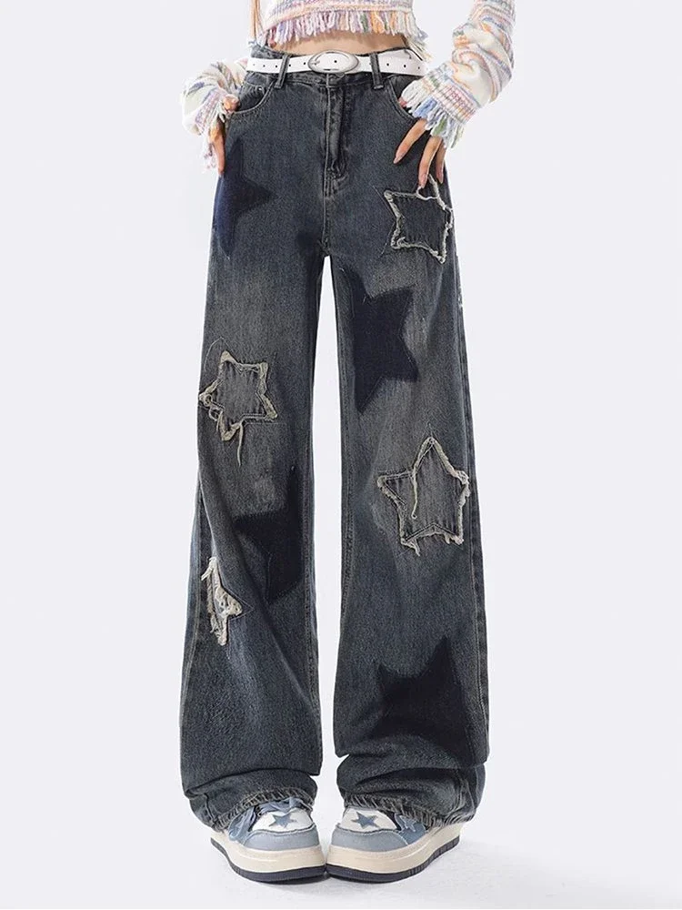 

Women's Star Patch Design Jeans American Vintage Embroidery Casual Denim Trousers Female High Waisted Loose Straight Pants