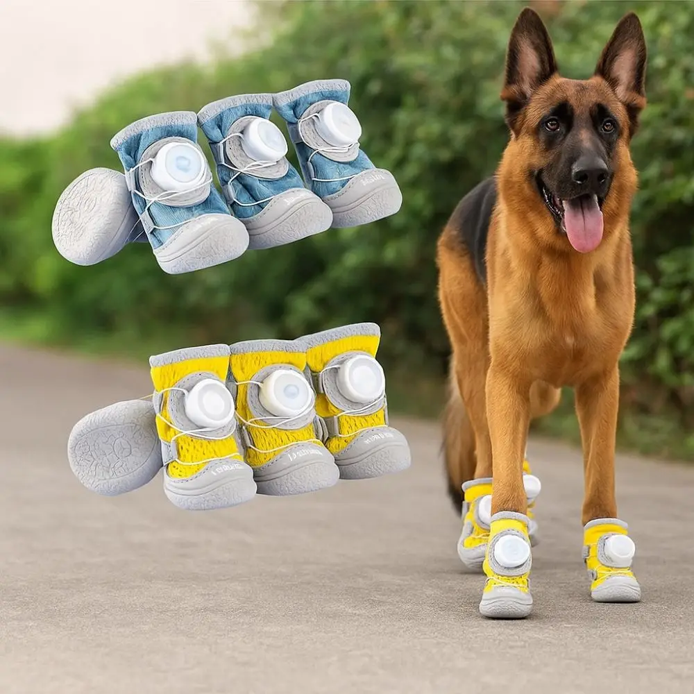

4Pcs/Set Durable Breathable Button Dog Shoes Anti-slip Reflective Dog Footwear Comfortable Soft Sole Dog Paw Protectors Outdoor