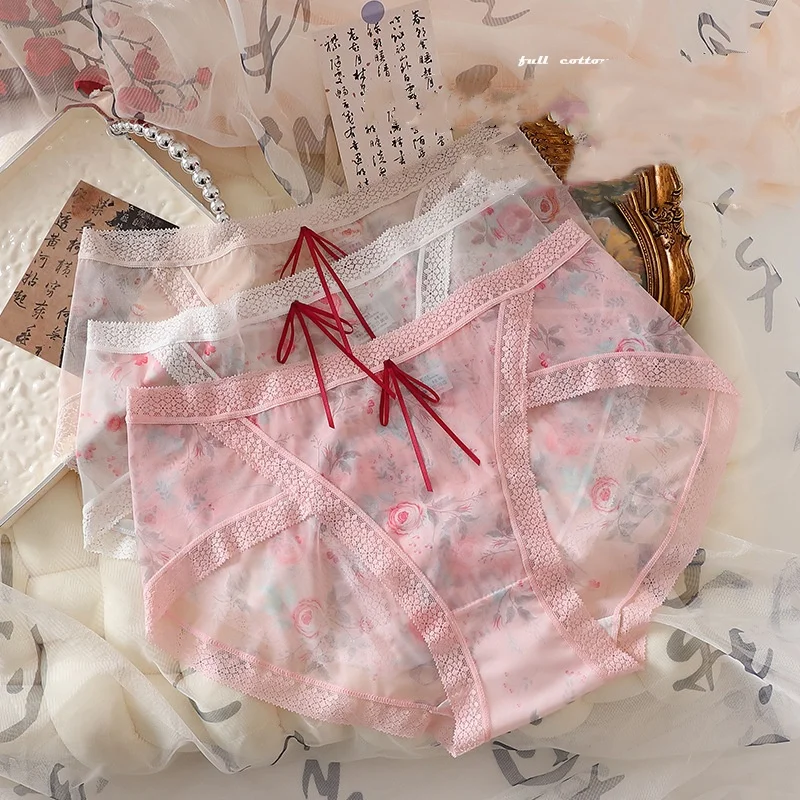 3PCS/Set Women\'s Panties Thin Floral Hazy Ancient Style Fairy Sexy Rose Mesh Transparent Plus Size 7XL Briefs Female Underpants