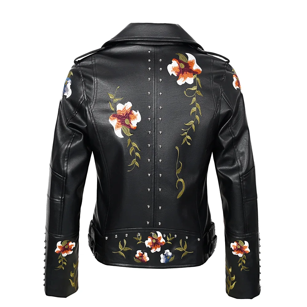 New embroidered women's PU leather jacket with rivets and zippers, fashionable motorcycle retro jacket, punk women's clothing