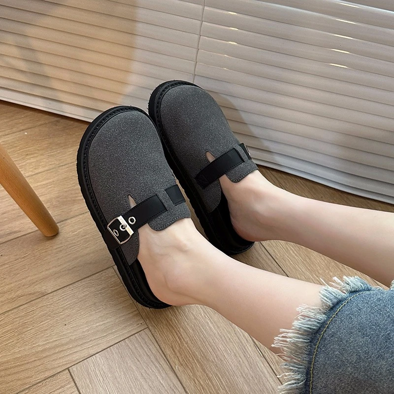 Cover Toe House Slippers Platform Female Shoes Flock Med Slides 2024 Soft Casual PU Fabric Hoof Heels Retro  Autumn Rubber Leisu