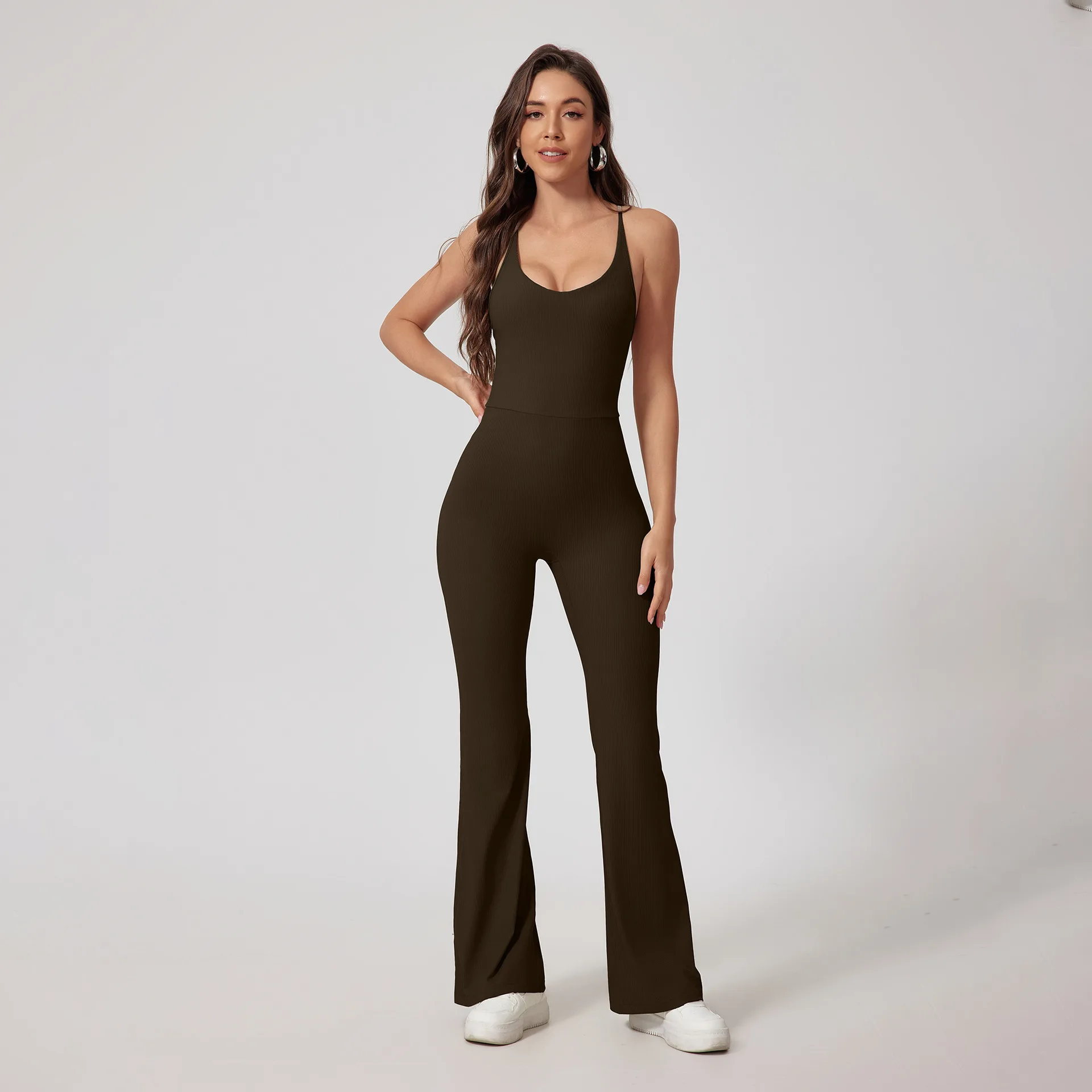 Alpha Ribbed Knit Flare Jumpsuits for Women Spaghetti Straps Backless Scoop Neck Bodycon Full Length Casual Unitard Playsuit