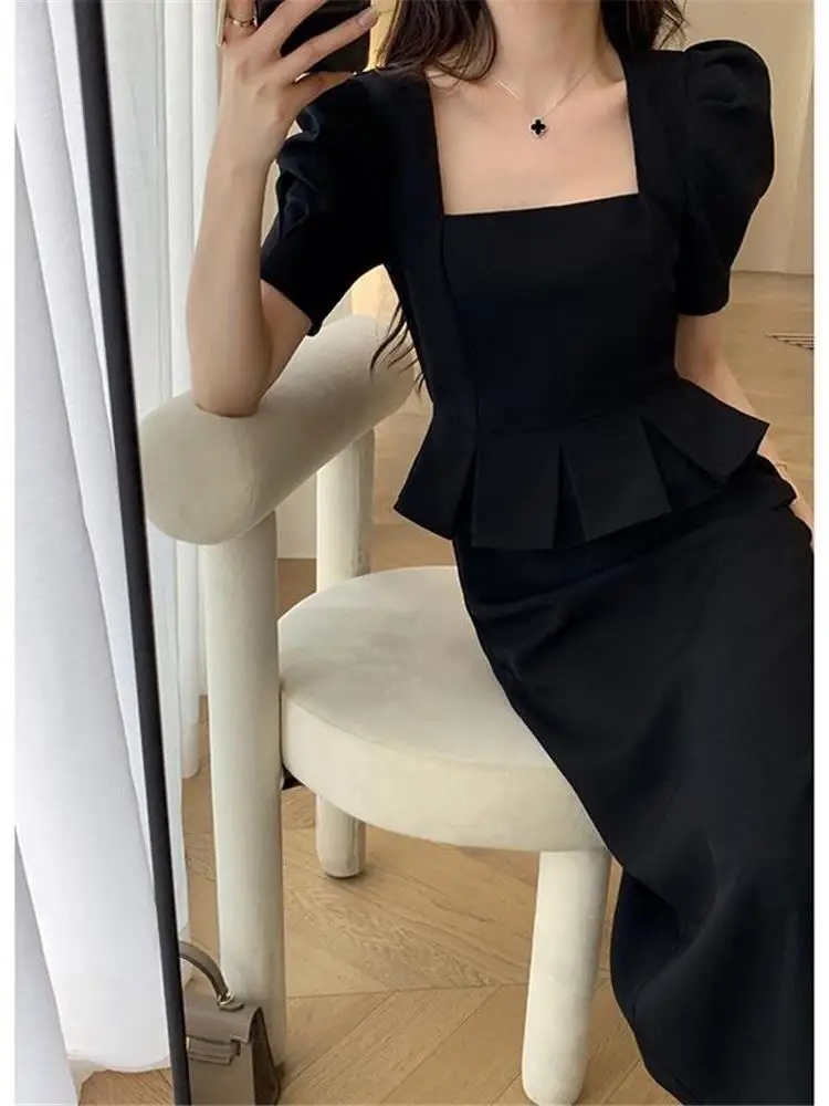 우아한 여름 긴 드레스 여성의 높은 허리 버블 슬리브 스퀘어 칼라 슬리밍 a 라인 가운 한국 스타일 폴리 에스터 섬유