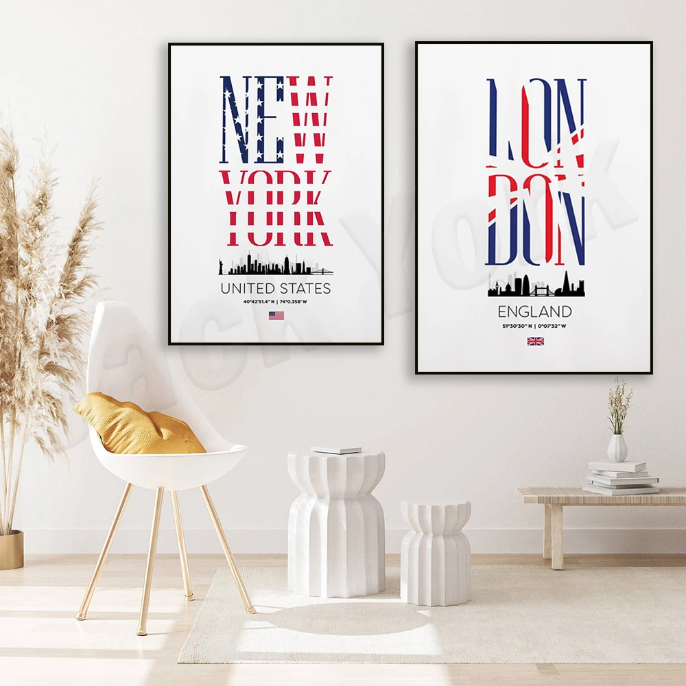 

London text typography, New York City text typography, New York skyline, USA, Union Jack flag, cityscape art travel poster