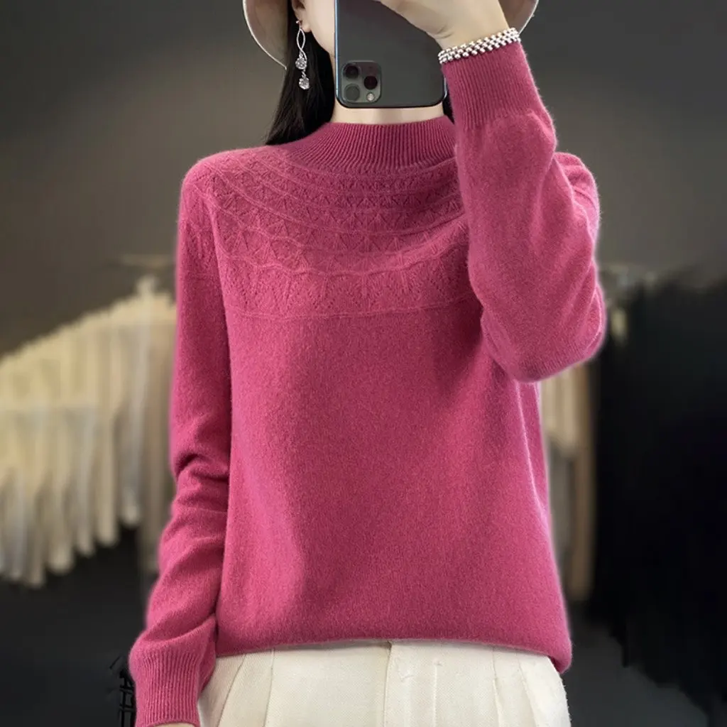 

Женский шерстяной свитер спереди, полуводолазка, полый жаккардовый вязаный топ, модный универсальный осенне-зимний базовый слой