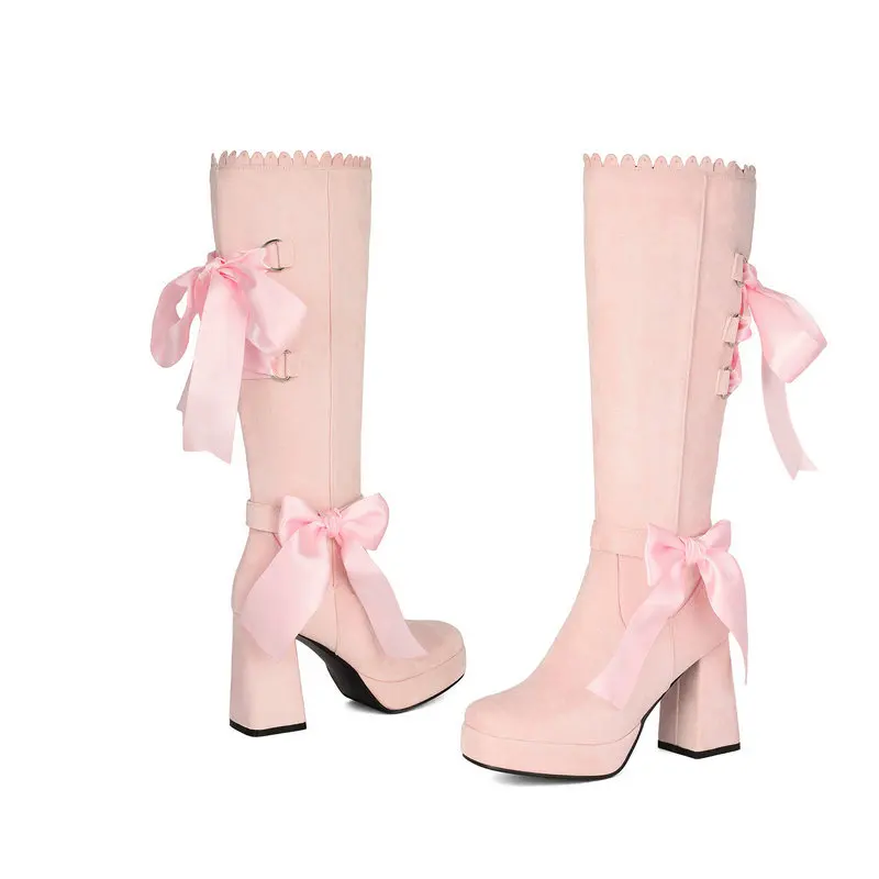 Sweet Pink Bow Knee High Long Boots Matte Suede Platform Chunky Heel Shoes Girls Cosplay Comic Con Party Footwear