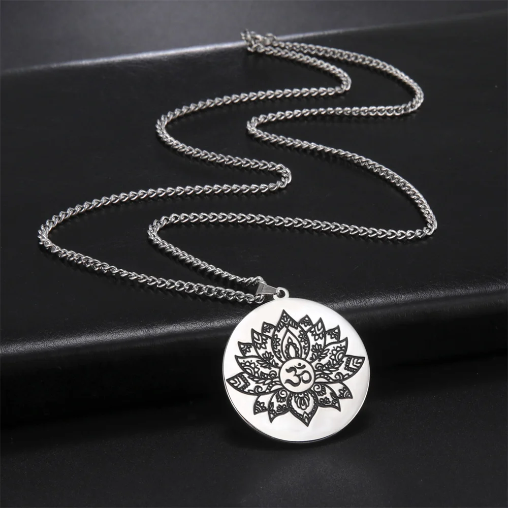 EUEAVAN Vintage Om Yoga Lotus Flower Pendant Necklace Aum Ohm Buddhist Hinduism Necklaces Amulet Lucky Fashion Jewelry for Men