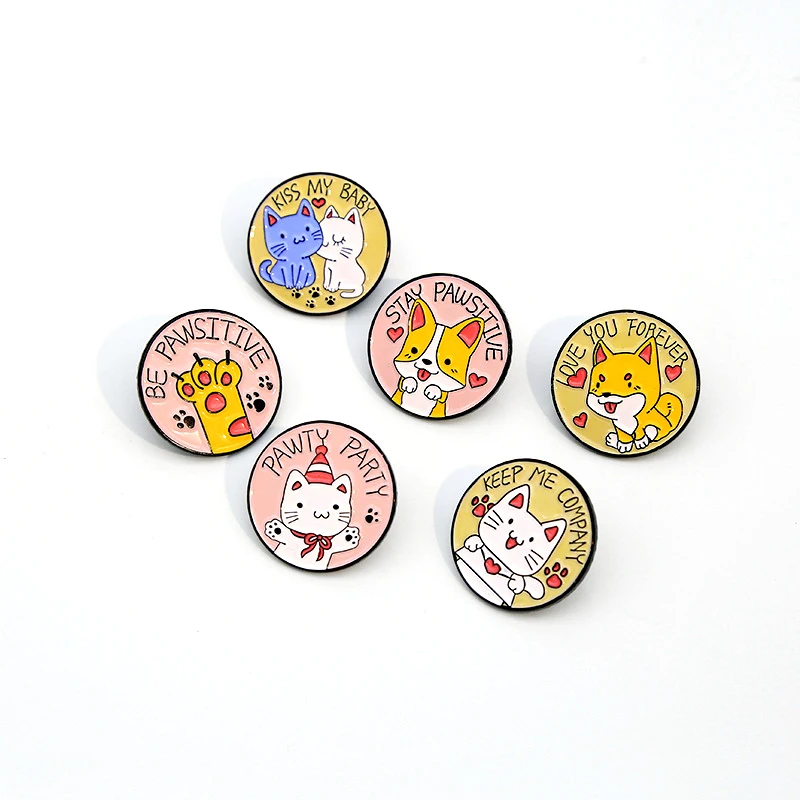 Cute Animal Round Metal Badge Foot Sole Rainbow Dog Cat Metal Badge Keep Positive Club Metal Badge Punk Lapel Pins Jewelry Gift