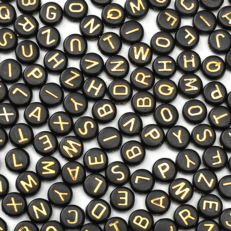 50pcs 4x7mm Black Flat Round Gold Color A-Z Alphabet Letter Acrylic Loose Spacer Beads for Jewelry Making Diy Bracelets Findings