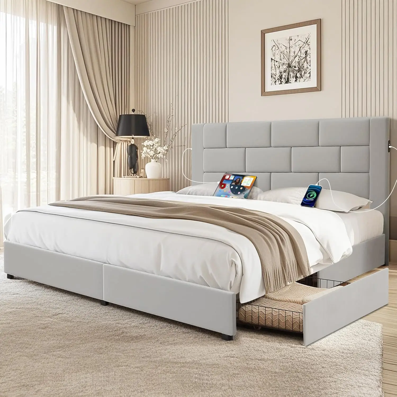Vecelo King Upholstered Bed Frame With 5 Storage Drawers, With Type A & C Usb Charging Station And Velvet Headboard, No Box