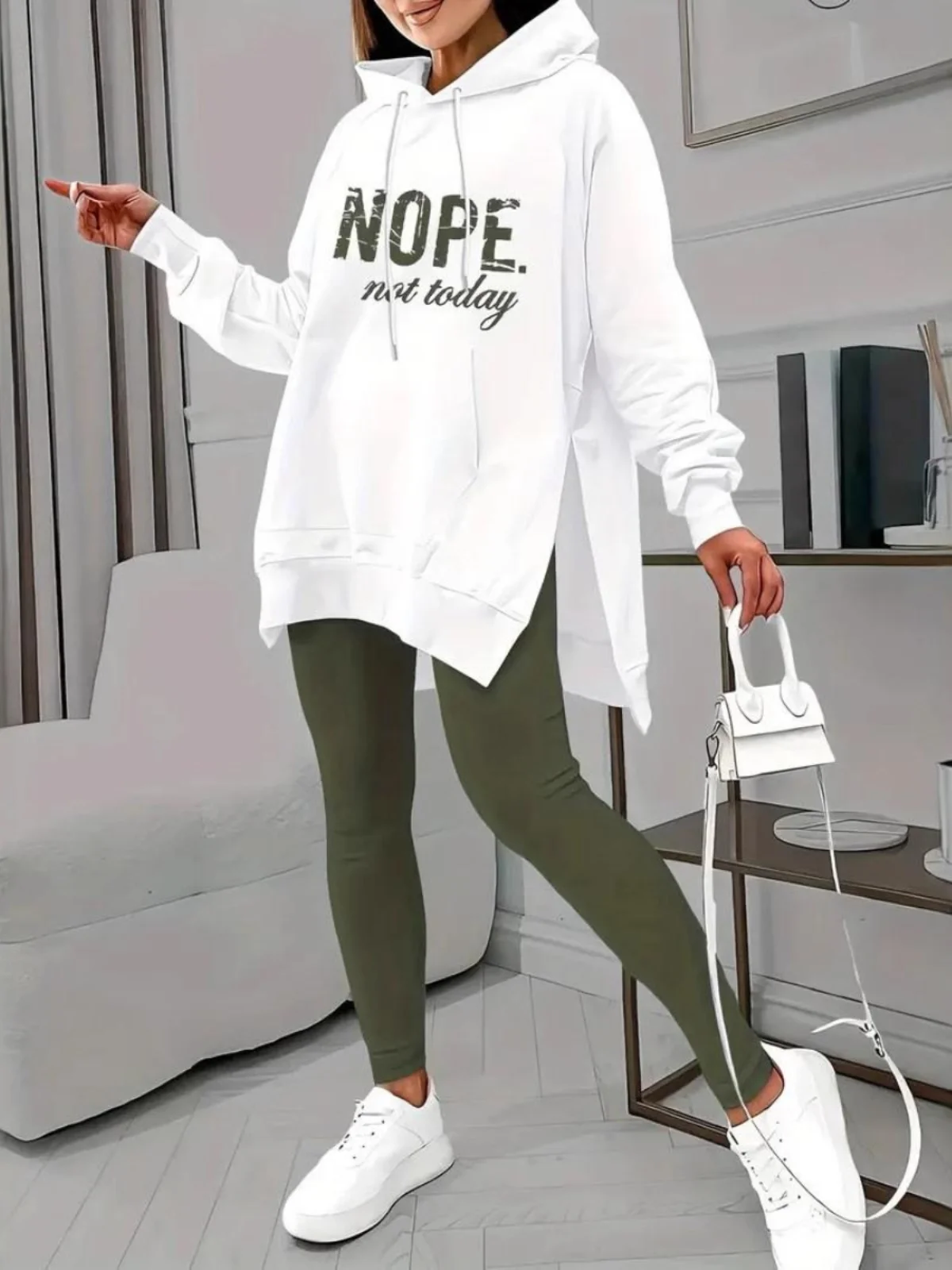 Casual Women's Spring Autumn Letter Split Hooded Mid-Length Sweatshirt Jacket Bottoms Two-Piece Set Polyester Fiber Long Slee...