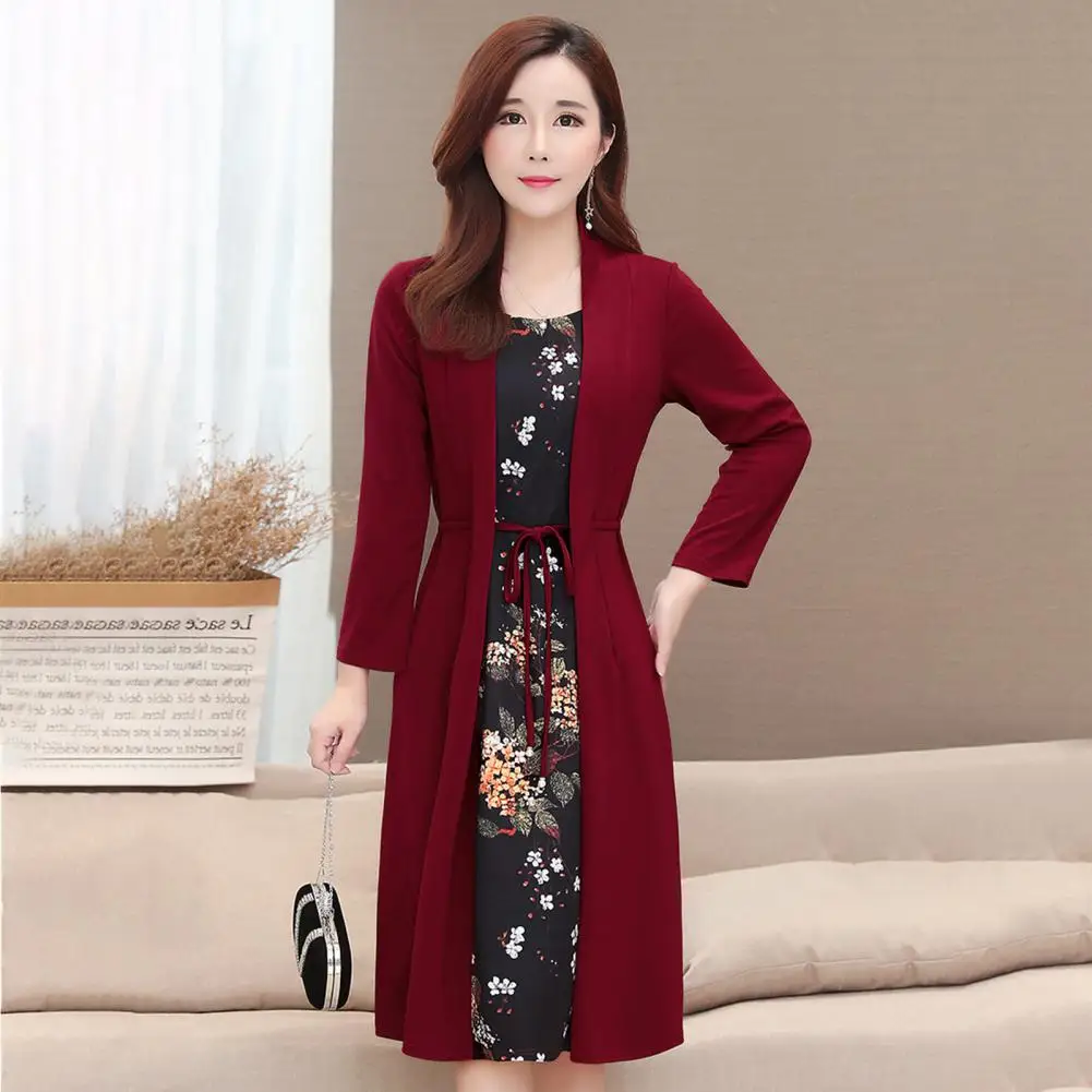 Women Dress Flower Print Fake Two Pieces Cardigan Midi Dress Long Sleeve Lace-up Waist Tight Autumn Midi Dress Two Piece Set