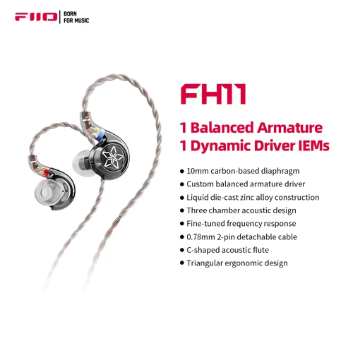 FiiO FH11 HiFi 1DD + 1BA controlador híbrido auriculares intrauditivos IEM con Cable desmontable de 0,78 2 pines auriculares estéreo hifi con cable para músico