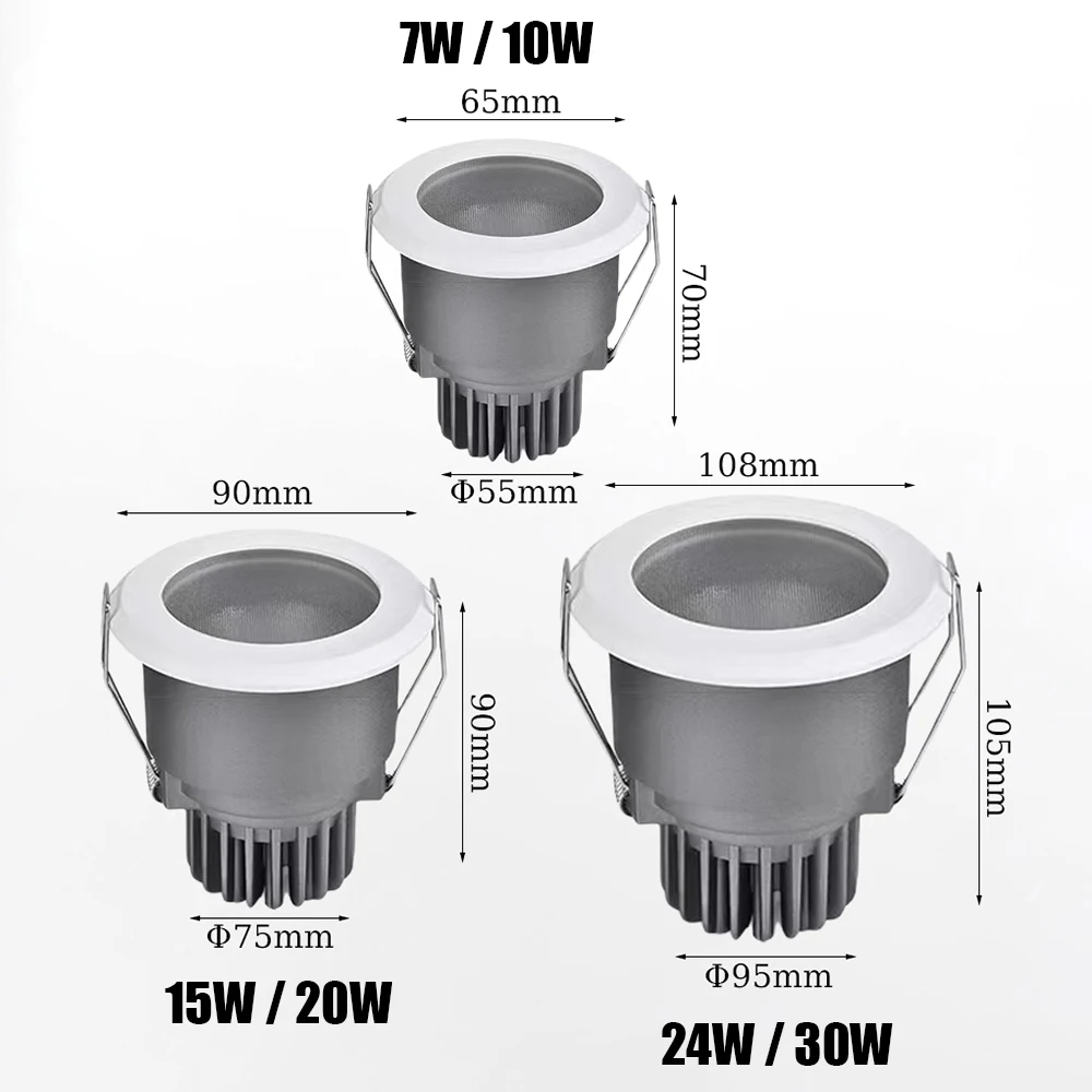 IP65 Waterproof Anti Fog COB LED Downlights 10W 15W 20W 24W 30W Embedded Ceiling Spotlights AC85~265V Bathroom Kitchen Lighting