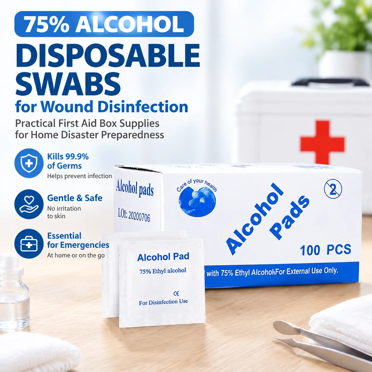 75% Alcohol Disposable Swabs for Wound Disinfection, Practical First Aid Box Supplies for Home Disaster Preparedness