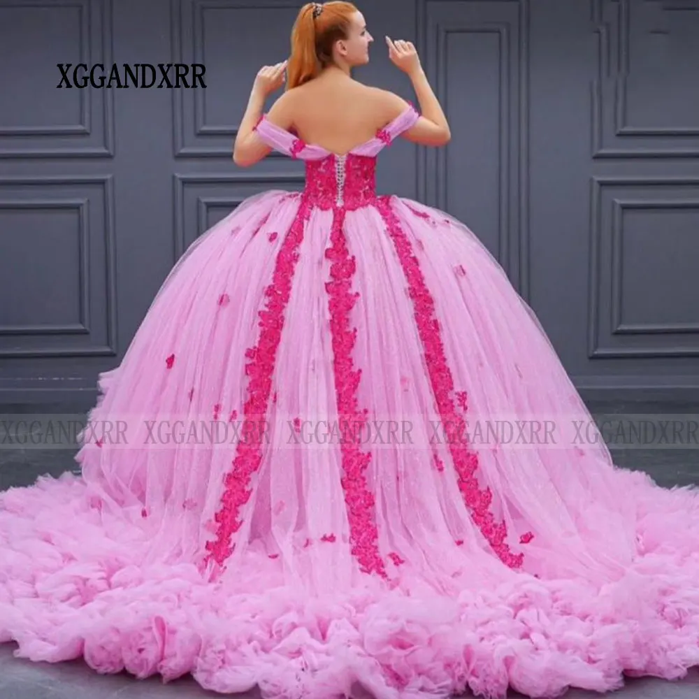 New Flower Pink Ball Gown Quinceanera Dress 2024 Tulle Princess Sweet 16 Vestido De XV Años Layer Brithday Party Gown Plus Size