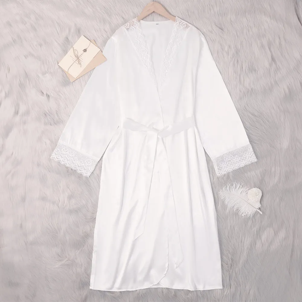 

Large Size 3XL-5XL White Women Long Robe Negligee Sexy Lace Kimono Bathrobe Summer Sleepwear Rayon Loungewear