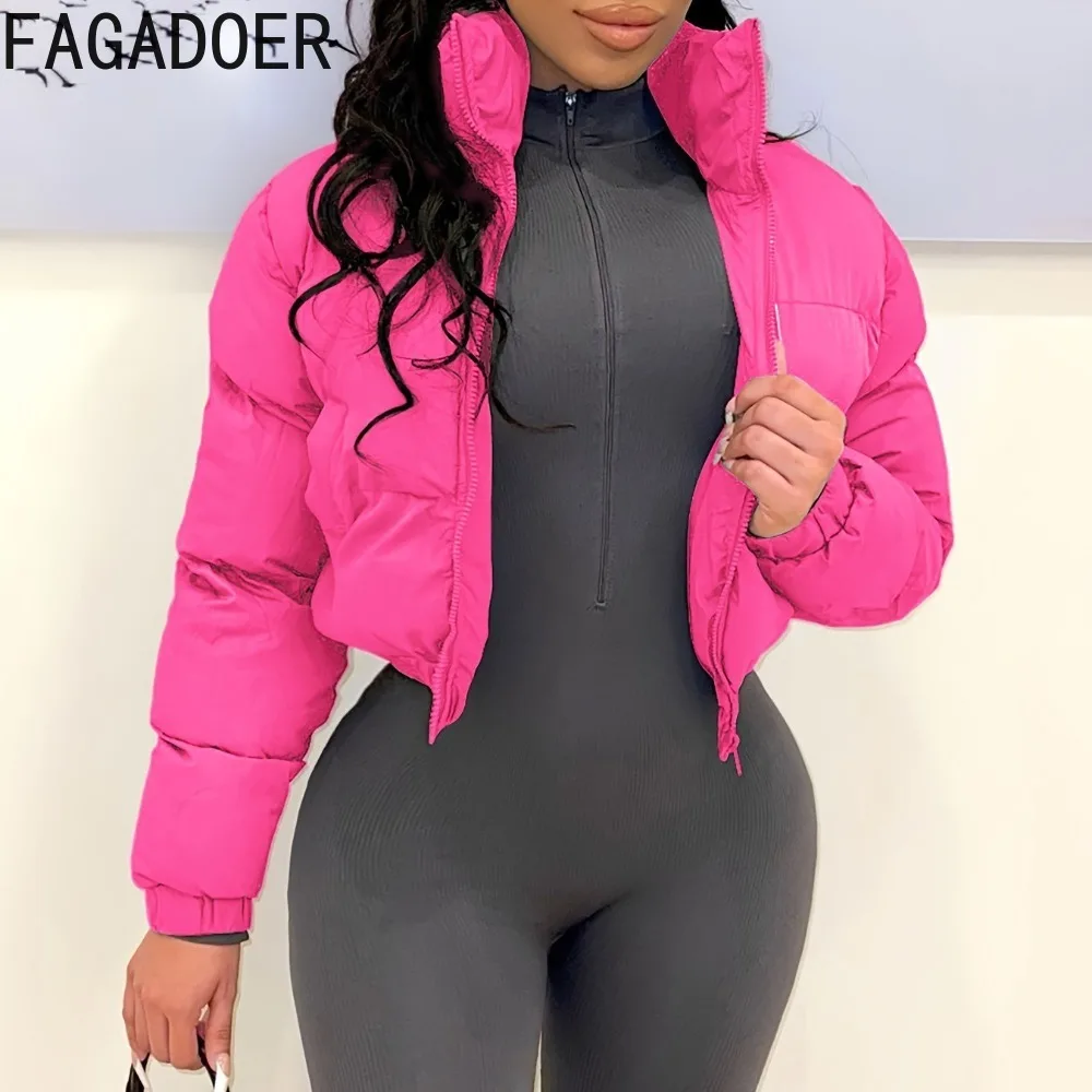 FAGADOER Autumn New Fashion Warm Cotton Jacket Women Solid Color Long Sleeves Puffer Crop Jacket Female Streetwear Clothing 2025