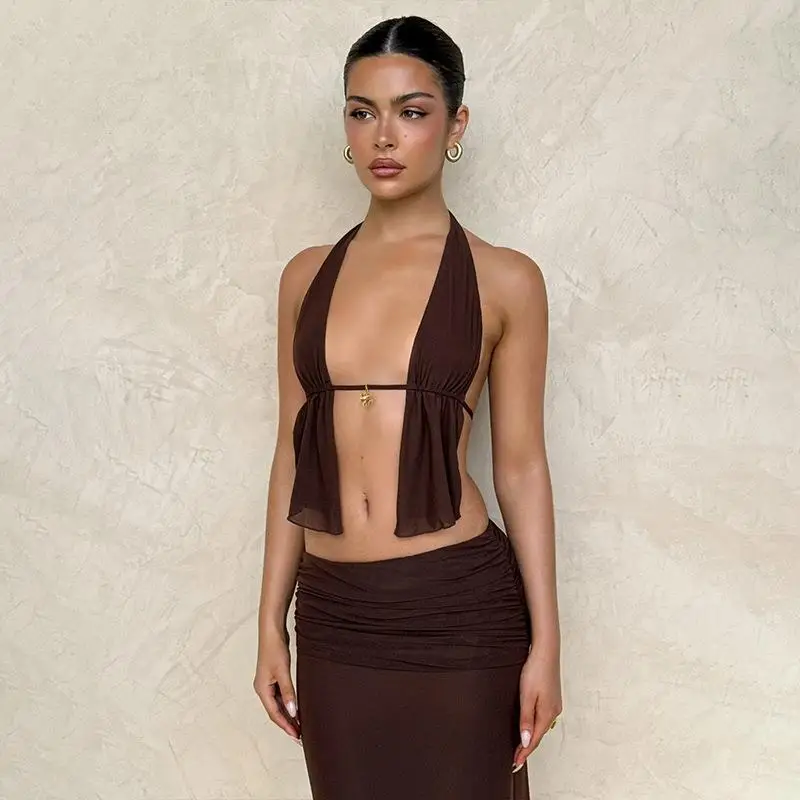 

Sexy Trendy Bal Cutout Strap Top High Waist Butt Skirt Long Skirt Set Women's Me Skirt Faionable Tee-piece Winter ...
