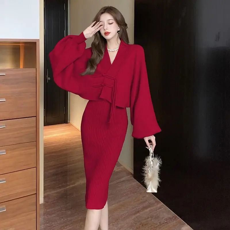 Korea Long Sleeve Women Solid A Line Sexy Elegant Office Ladies Vestidos Luxury Sets Two Pieces Apricot Cute High Waist Party