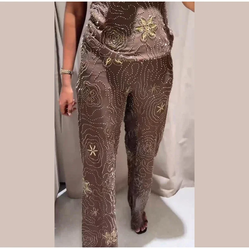 Setelan Vest dan Celana Wanita Bergaya Chic dengan Detail Manik-Manik, Tanpa Lengan, Punggung Terbuka, Crop Top Transparan, Celana Panjang, Pakaian Pesta Musim Panas 2025