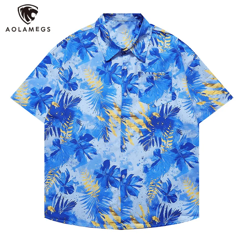 Men Shirts Hawaiian Vacation Loose Shirts Summer Refreshing Turn Down Collar Leaf Print Half Sleeve Shirt Versatile Daily Tops