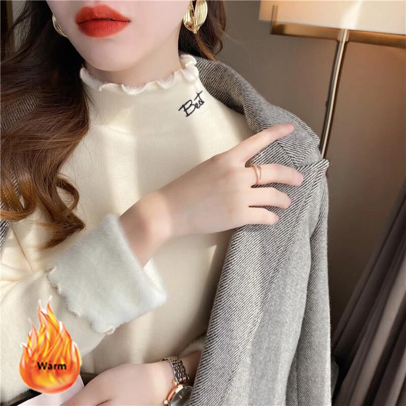 Women Letter Embroidery Plush Velvet Sweater Korean Half Turtleneck Knitted Sueter Fleece Lined Long Sleeve Knitwear Pullover