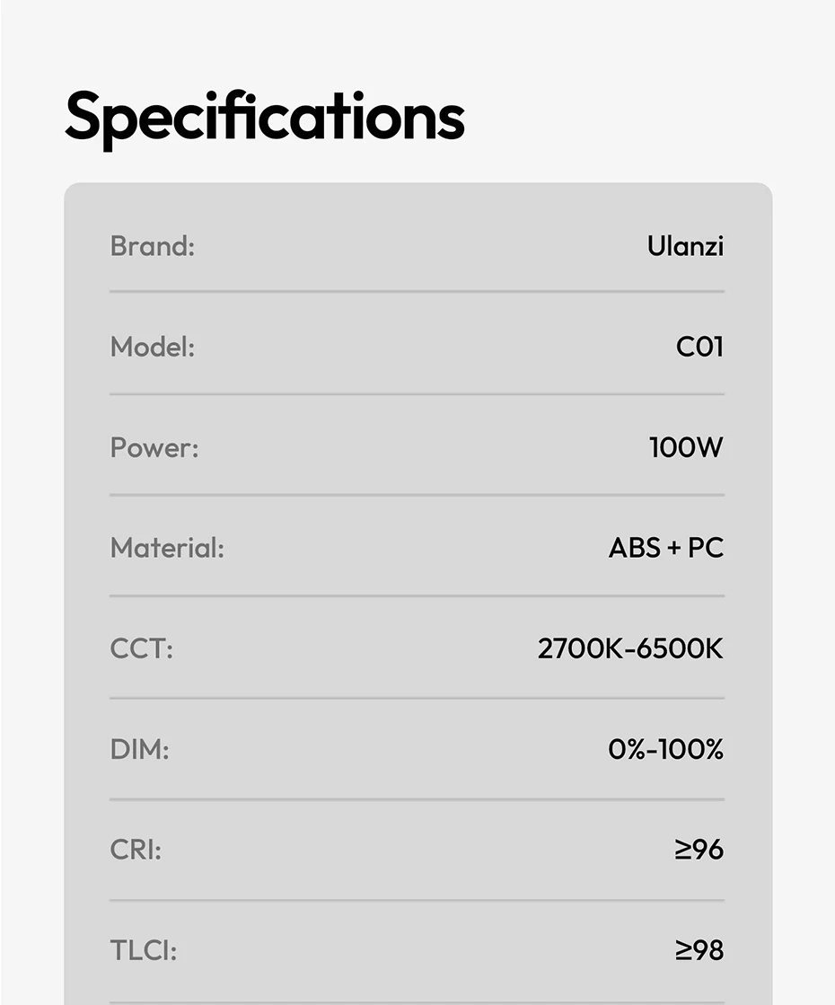 Ulanzi C01 100 W tragbare COB-Leuchte, 2700 K–6500 K, zweifarbig, leicht, für Kamera, Fotografie, Smartphone, Vlog, Livestreaming – Detail 18
