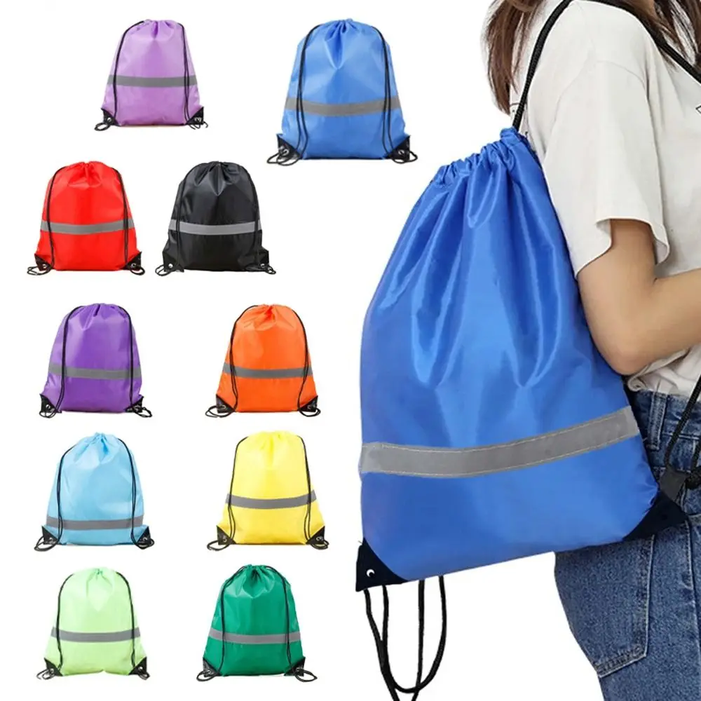 Reflective Stripe Drawstring Gym Backpack Solid Color Waterproof Nylon Sports Shoulder Bag 210D Polyester Portable