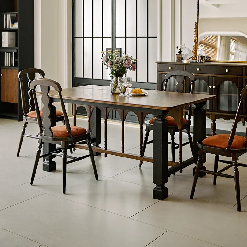 

All solid wood dining table and chairs combination red oak French retro dining table restaurant