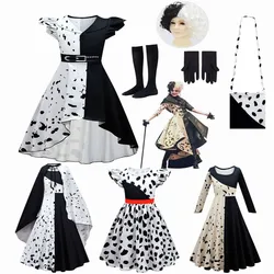 Halloween Evil Madame Cruella De Vil Cosplay Costume for Kids Woman Half Black Half White Wig Girls Princess Summer Night Dress