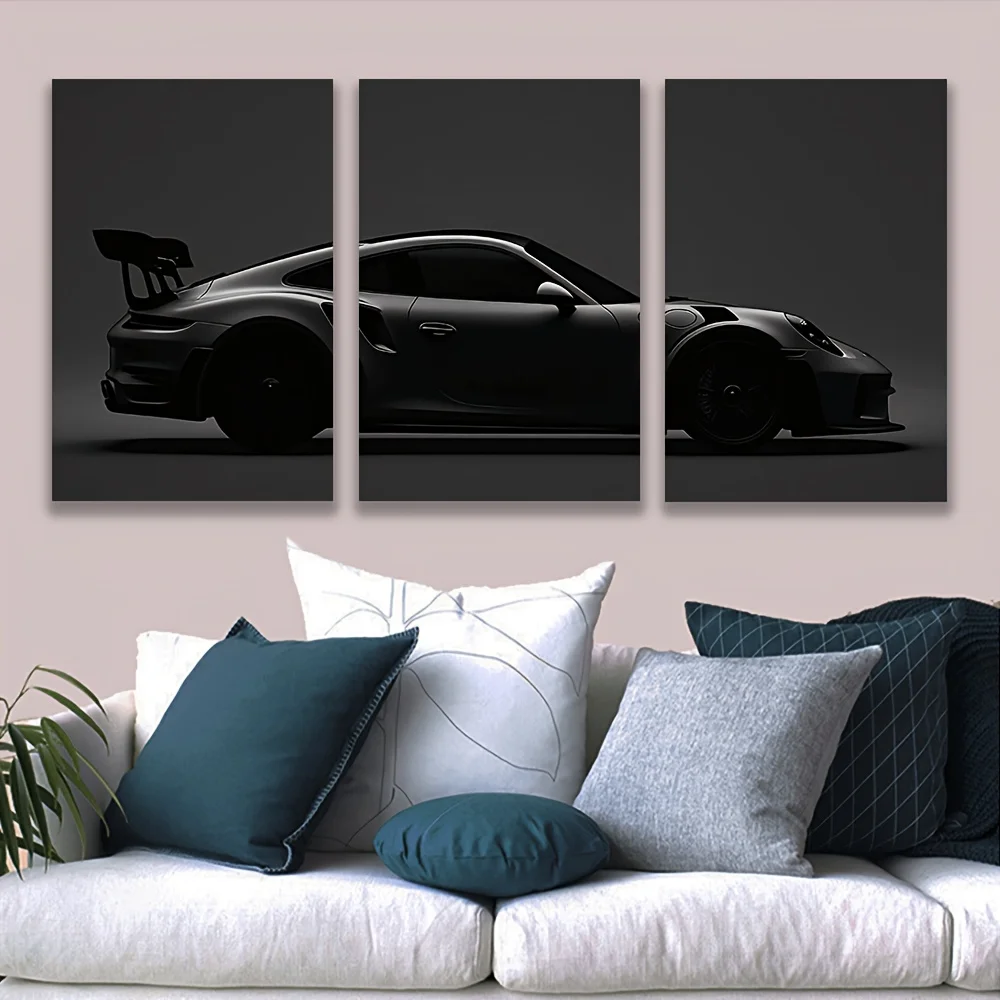 3 Panels Black Sports Car Canvas Wall Art, Dark Supercar Silhouette Print,Modern Man Cave Bedroom Home Decor Gift For Car Lovers