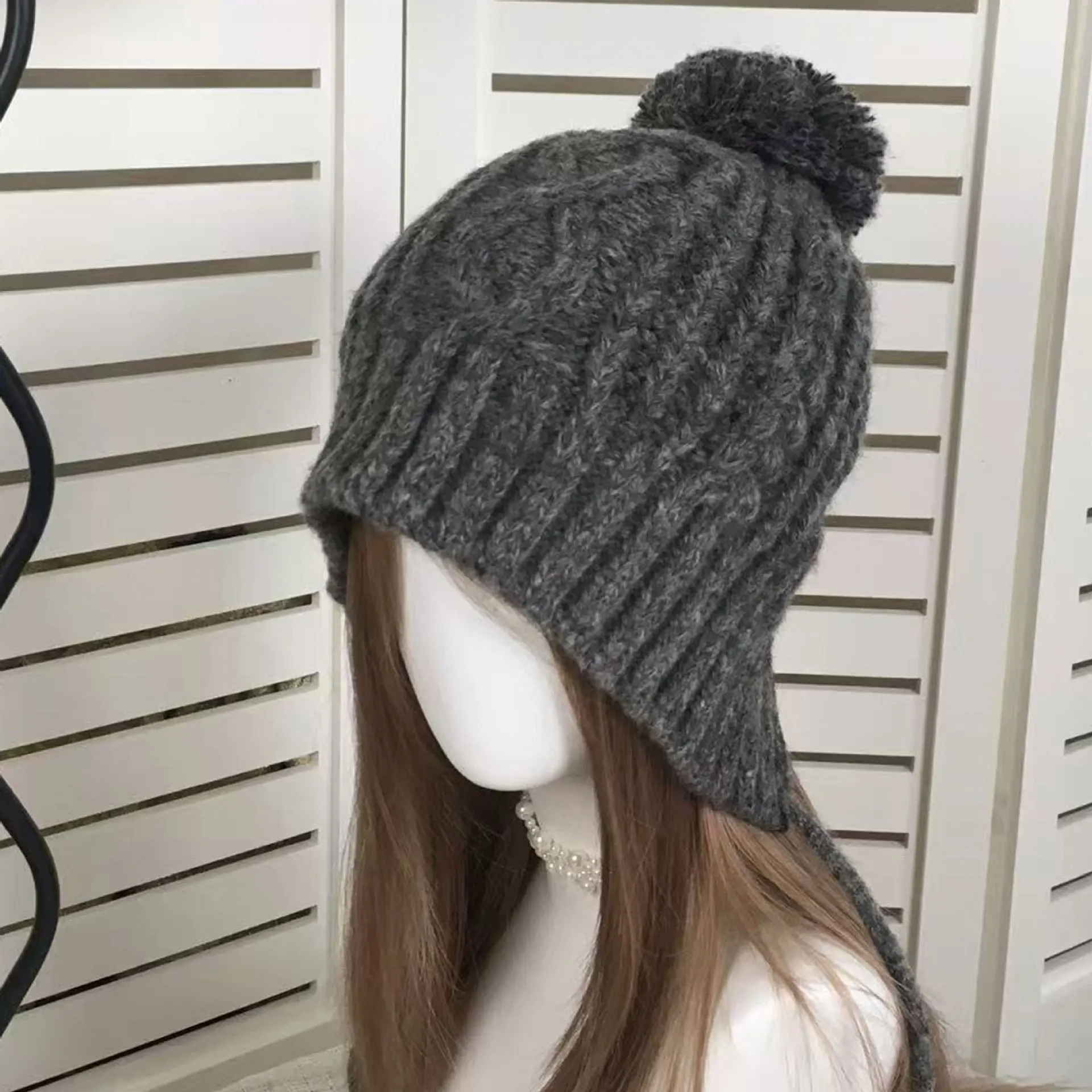 Earflap Beanie Cable Knit Pom Pom Winter Hat Women Tie String Knitted Ear Protection Cap Rib Cuff Thermal Outdoor Snow Hat Men