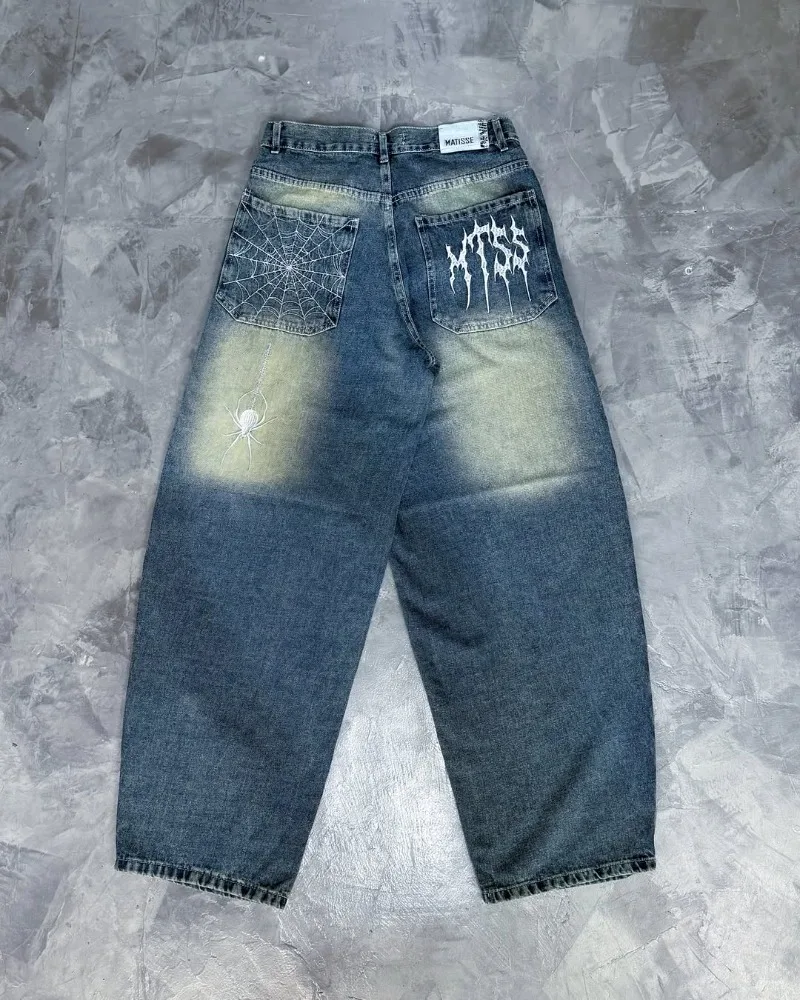 

Harajuku Gothic Y2K fun pattern design men jeans trendy retro fashionable versatile wide-leg pants rock punk high street pants