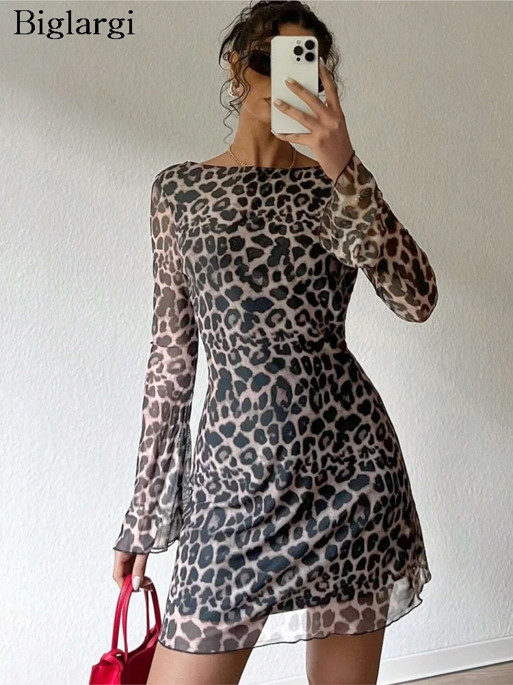 秋のミニドレス女性ヒョウ柄セクシーなシースルーファッションボディコンレディースドレスフレアスリーブ女性ドレス