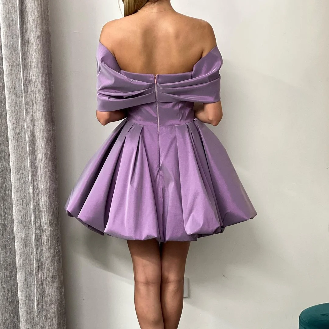 Eeqasn Lavender Organza krótkie suknie balowe 2022 Off The Shoulder formalne przyjęcie z okazji ukończenia szkoły sukienka Student Mini suknie Homecoming