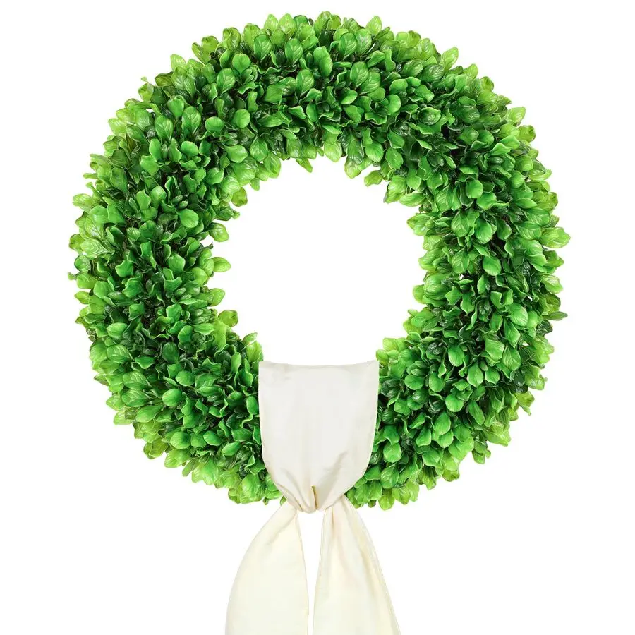

24 Inch Large Boxwood Wreath for Front Door, Round Artificial Spring Summer Greenery Wreath with Hello Sign amp Sash, Green Wrea