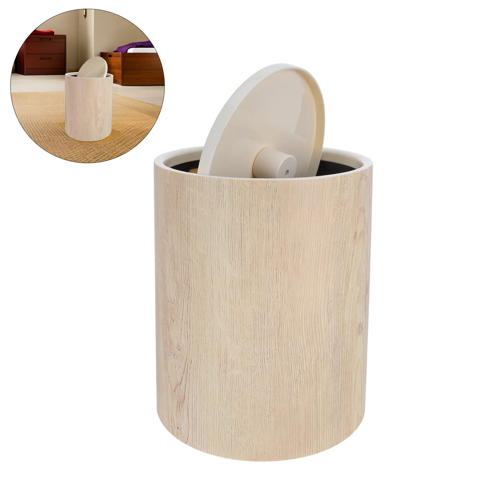 

Компактное пластиковое мусорное ведро с имитацией дерева, винтажный дизайн, с откидной крышкой, круглое, экономит место, для дома и офиса