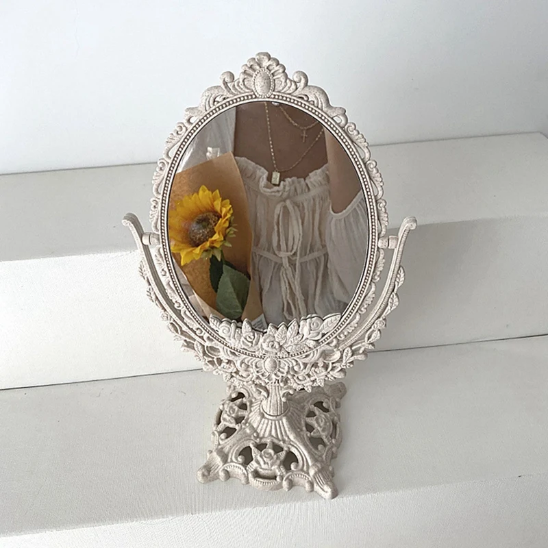 Nordic Silver Plastic Vintage Decorative Mirror Small Round Make-Up Bedroom Mirror Ins Table Room Standing Glass Mirror