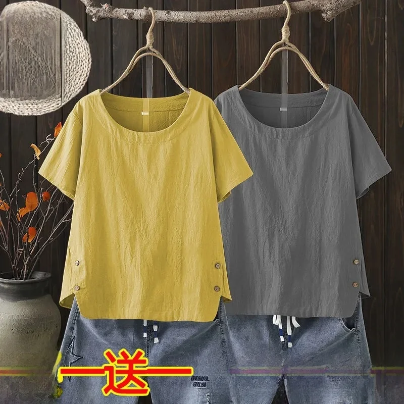 Pure Cotton round Neck Short Sleeve Base Shirt Women's Casual Top Retro Artistic Style Summer Collection Comfortable Fit T-shirt