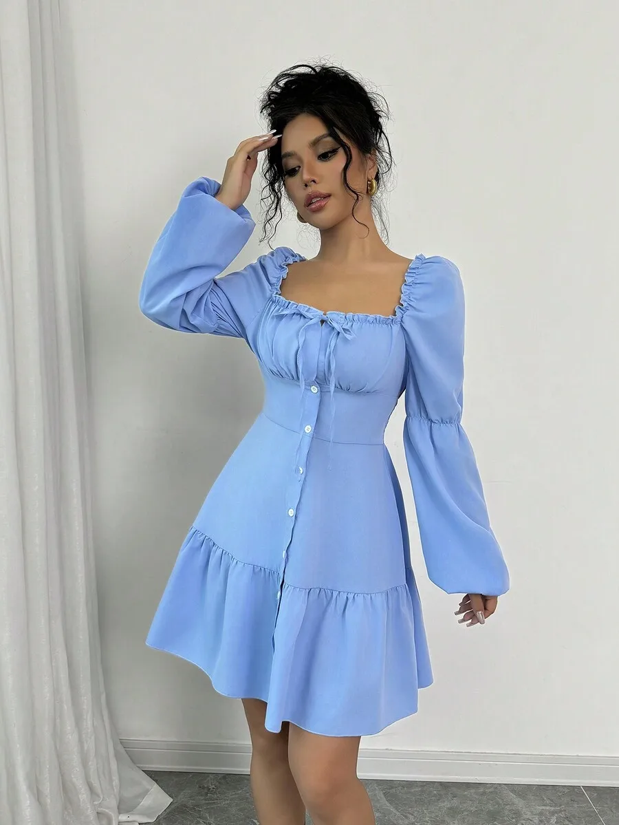 

Women Square Neck Long Lantern Sleeve Ruffle Hem A-Line Dress