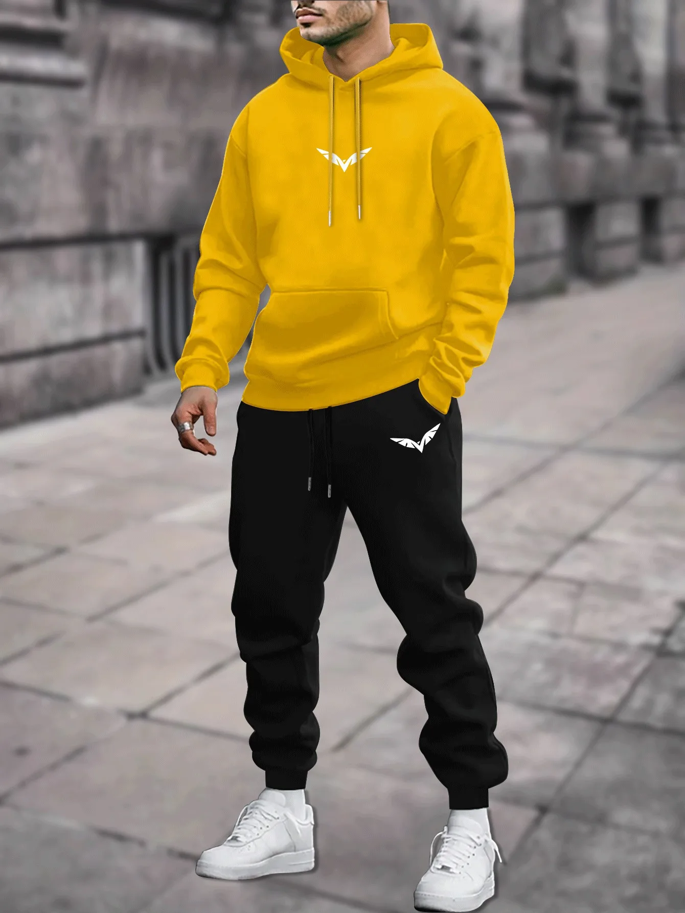 2026 Men 2Pcs Hoodie Jogger Set, Minimal Geometric Winged Logo Print, Loose Hooded Top & Drawstring Sweatpants, Daily Wear