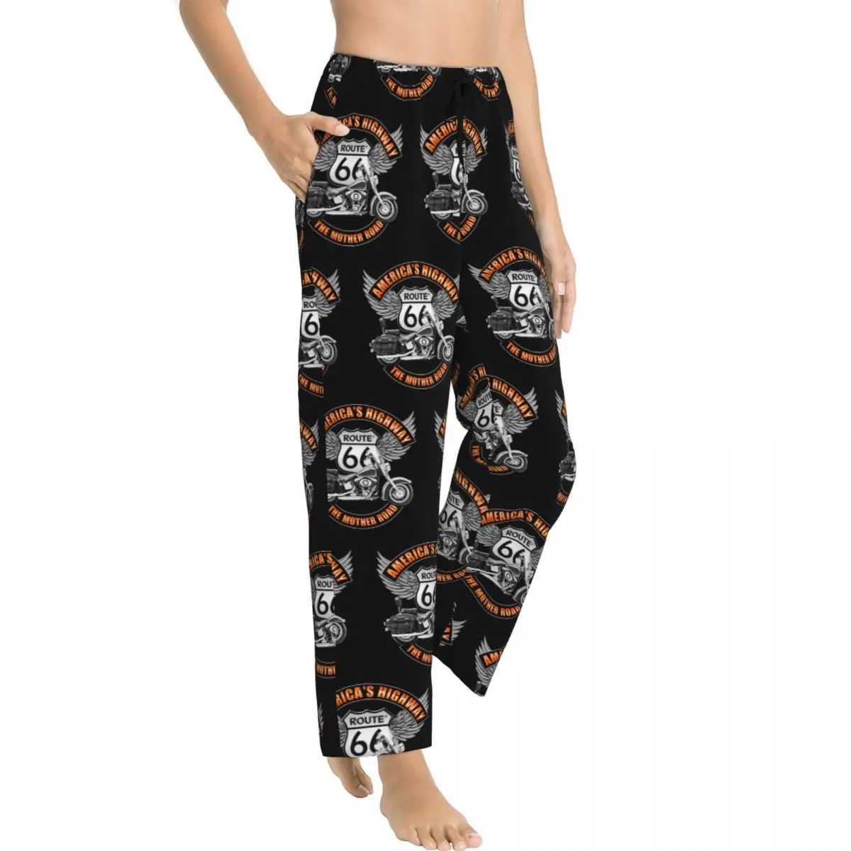 Custom Route 66 Mother Road Pajama Pants for Women Motorcycle Lounge Sleep Stretch Sleepwear Bottoms with Pockets