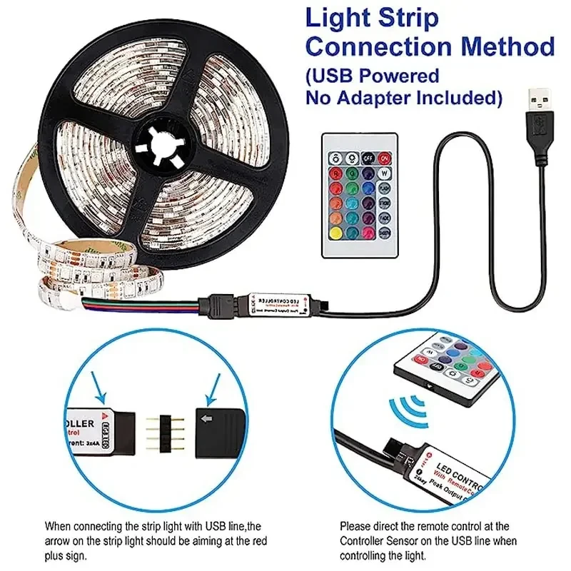 5M 5V USB 5050 RGB LED Strip Lights with 24 Key IR Remote for Gaming Room Bedroom Home Party Decor TV Backlight RGB LED Tape