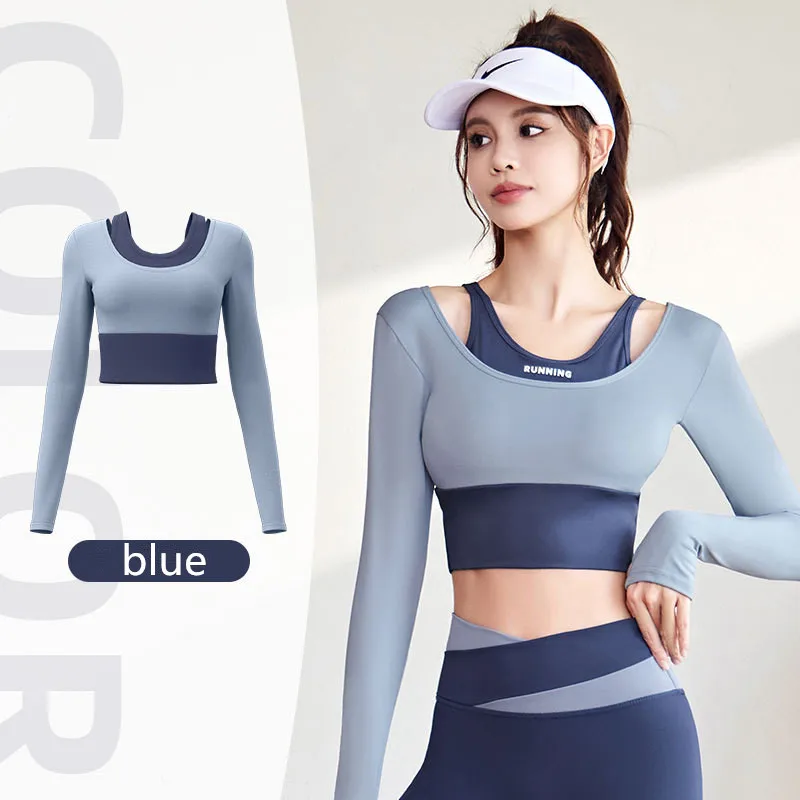 Yoga Sportswear set Color-blocking Long-Sleeved T-shirt Gym High Waist Sport Outfit Fitness Tights