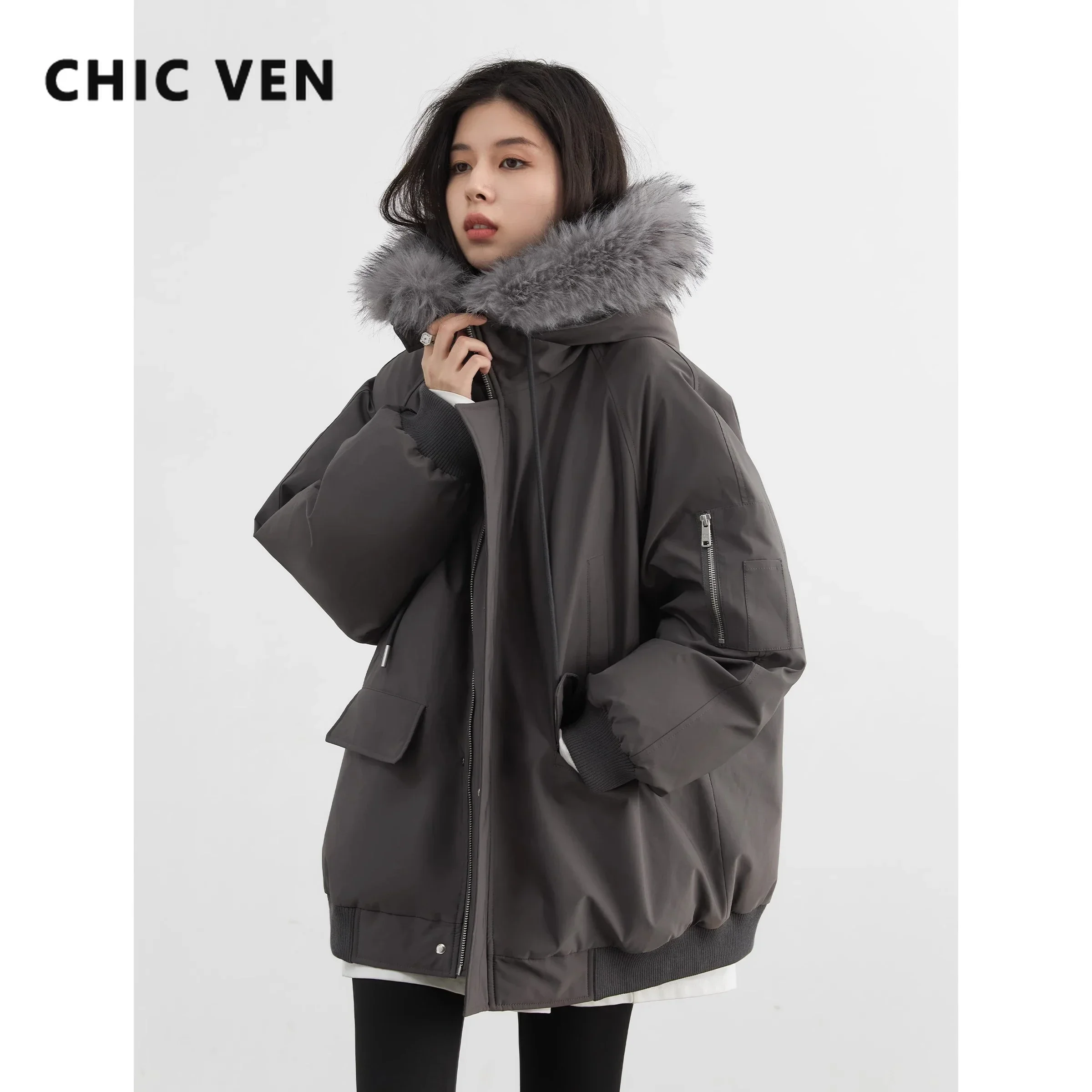 CHIC VEN Vrouwen Parka Losse Nieuwe Losse Kapmantel Werkkleding Vrouwelijke Jas Kantoor Dame Kleding Warme Dikke Herfst Winter 2024