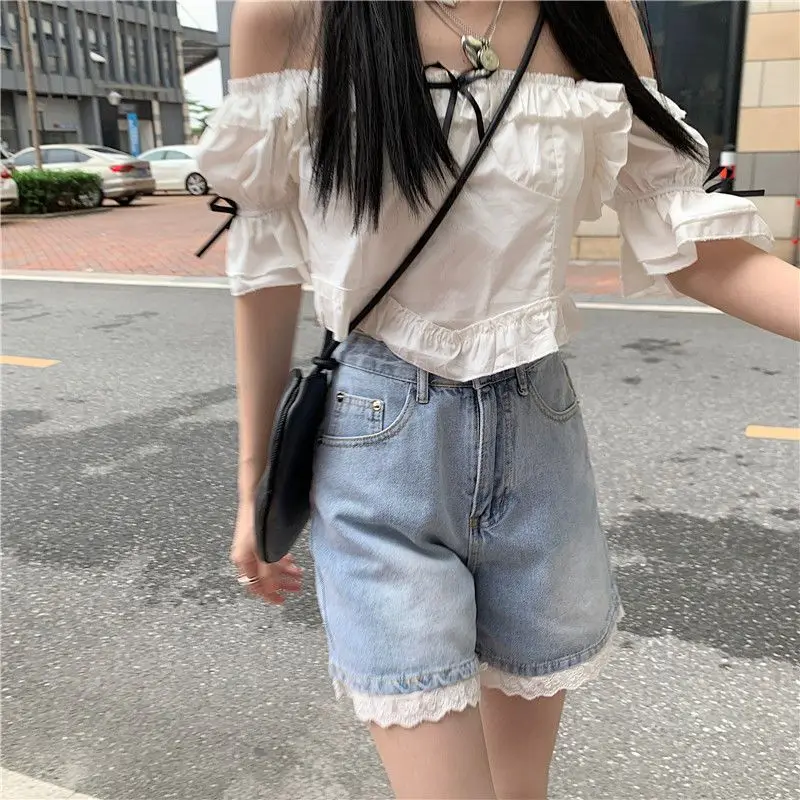 Blue Wide Leg Jeans Shorts Kawaii Lace 2023 Summer Y2k Streetwear Casual Korean Fashion Pants Women Vintage Trousers