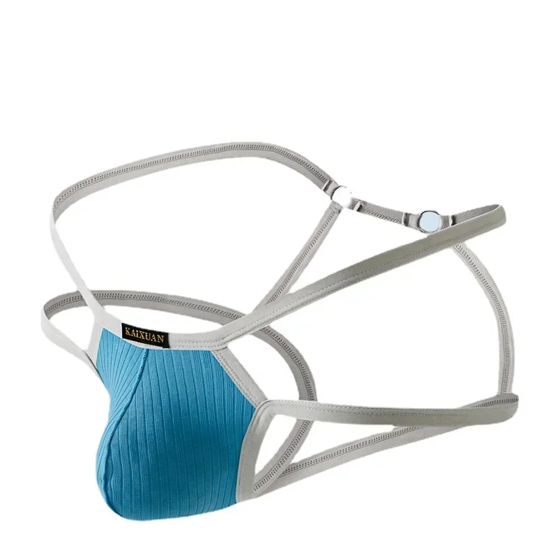 

Men's Sexy Jockstrap Sissy Thin Double Belt Thong Gay U Convex Pouch Panties Ribbed Cotton Bikini Homme Erotic Open Butt Panties